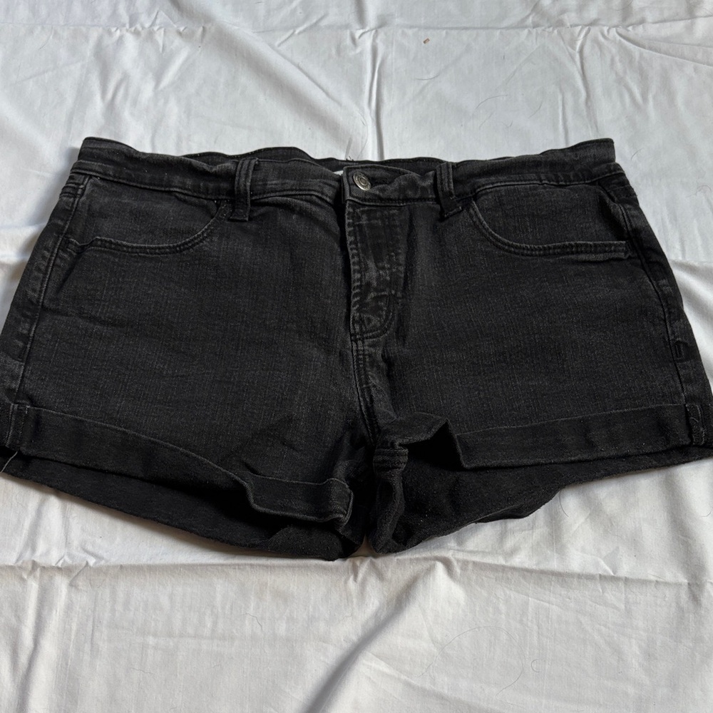 Mid rise black denim shorts